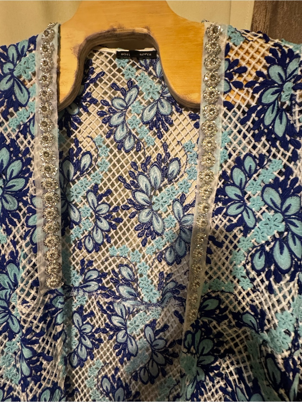 Boston Proper Guipure Crochet Duster Cardigan Blue White Embellished Women’s L - Picture 4 of 16